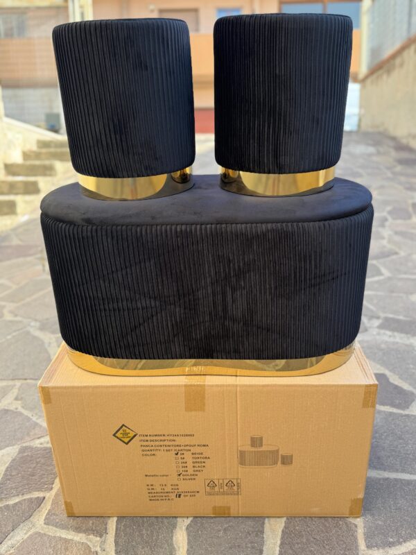 Set 3pz ROMA Panca contenitore + 2 pouf sgabelli in velluto nero con oro - immagine 2
