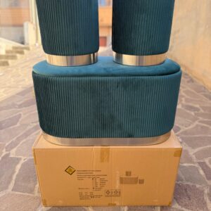 Set 3pz ROMA Panca contenitore + 2 pouf sgabelli in velluto Verde con argento