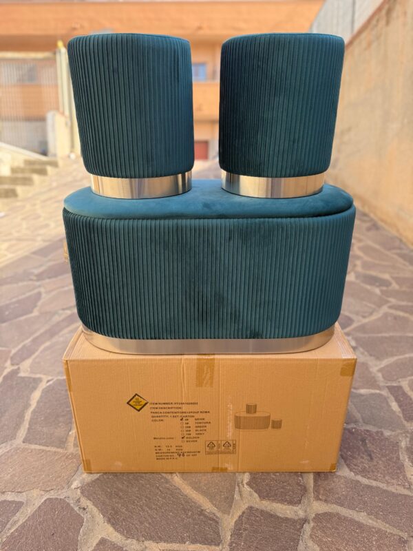 Set 3pz ROMA Panca contenitore + 2 pouf sgabelli in velluto Verde con argento