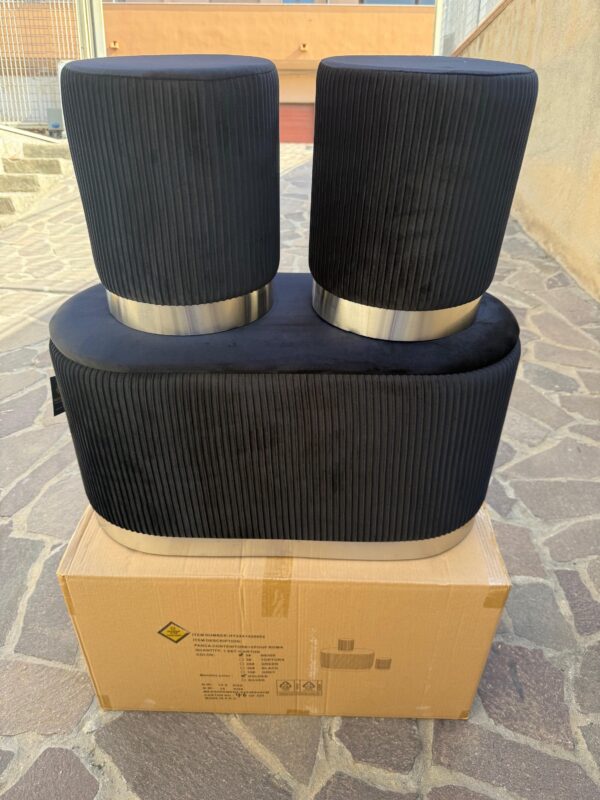 Set 3pz ROMA Panca contenitore + 2 pouf sgabelli in velluto nero con argento - immagine 3