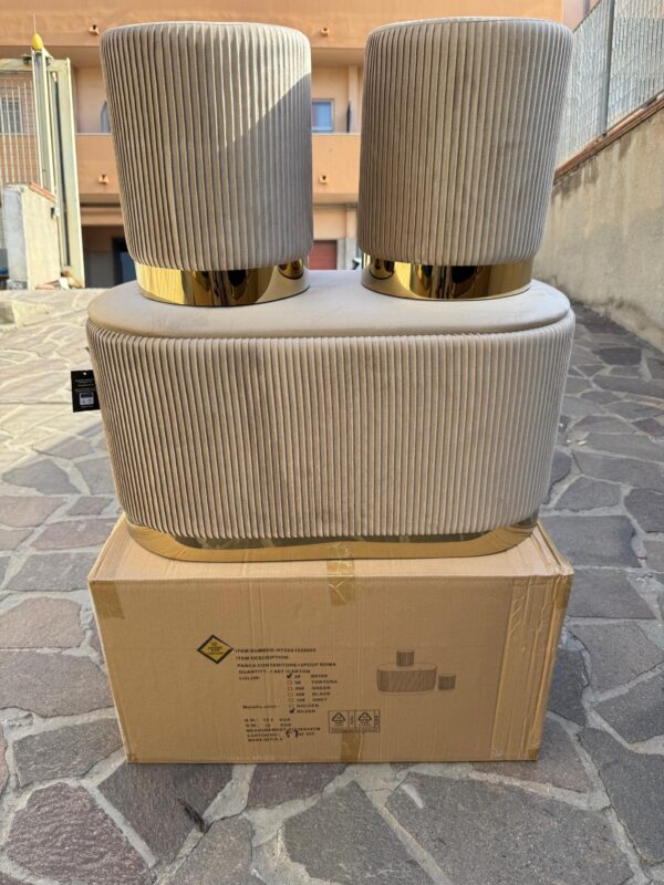 Set 3pz ROMA Panca contenitore + 2 pouf sgabelli in velluto Tortora con oro - immagine 2