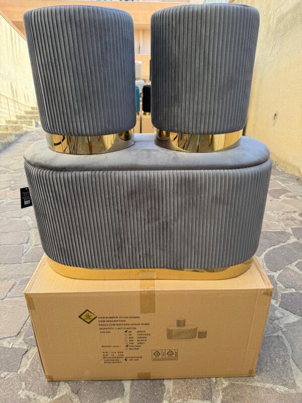 Set 3pz ROMA Panca contenitore + 2 pouf sgabelli in velluto Grigio con oro