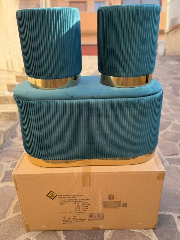 Set 3pz ROMA Panca contenitore + 2 pouf sgabelli in velluto Verde con oro - immagine 2
