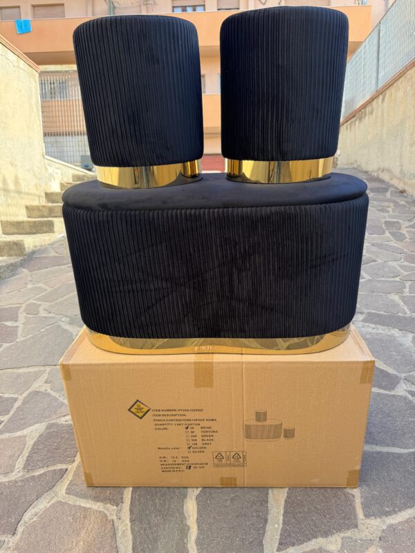 Set 3pz ROMA Panca contenitore + 2 pouf sgabelli in velluto nero con oro