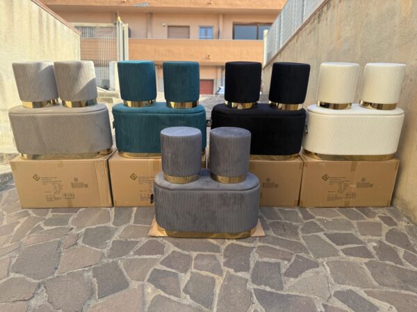 Set 3pz ROMA Panca contenitore + 2 pouf sgabelli in velluto Verde con oro - immagine 3