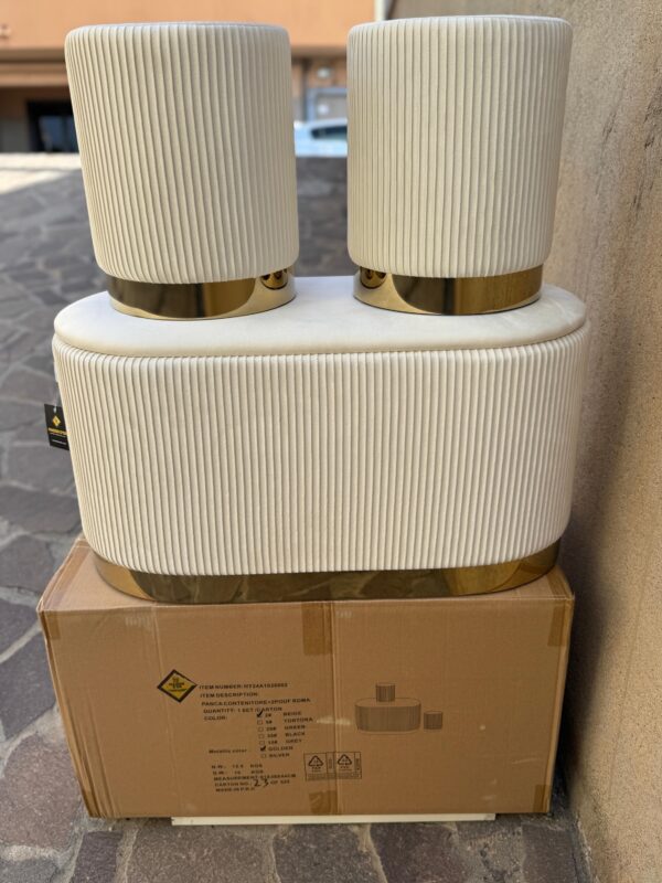 Set 3pz ROMA Panca contenitore + 2 pouf sgabelli in velluto beige con oro