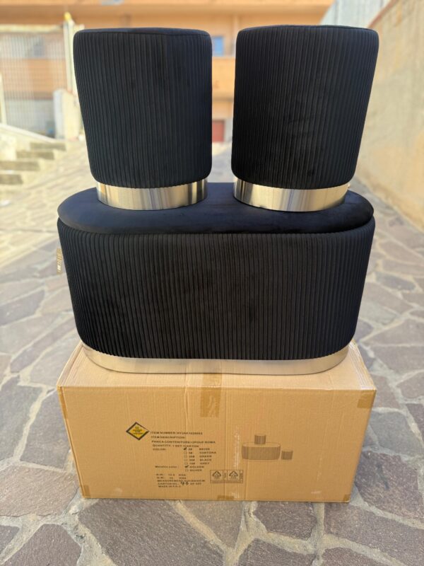 Set 3pz ROMA Panca contenitore + 2 pouf sgabelli in velluto nero con argento