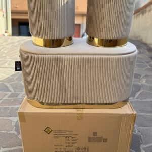 Set 3pz ROMA Panca contenitore + 2 pouf sgabelli in velluto Tortora con oro