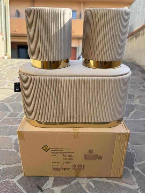 Set 3pz ROMA Panca contenitore + 2 pouf sgabelli in velluto Tortora con oro