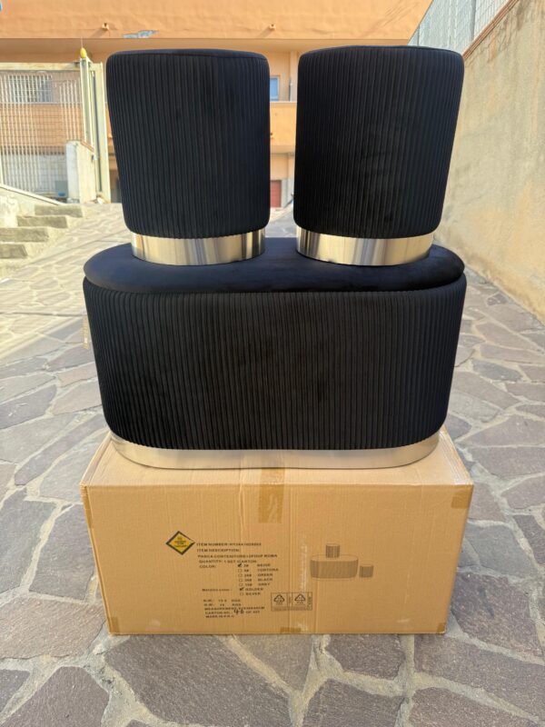 Set 3pz ROMA Panca contenitore + 2 pouf sgabelli in velluto nero con argento - immagine 2