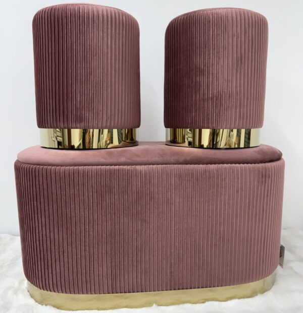 Set 3pz ROMA panca contenitore + 2 pouf sgabelli in velluto Cipria