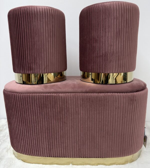 Set 3pz ROMA panca contenitore + 2 pouf sgabelli in velluto Cipria - immagine 7