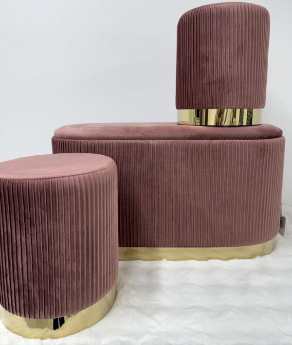 Set 3pz ROMA panca contenitore + 2 pouf sgabelli in velluto Cipria - immagine 4