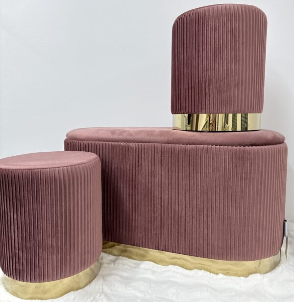 Set 3pz ROMA panca contenitore + 2 pouf sgabelli in velluto Cipria - immagine 6