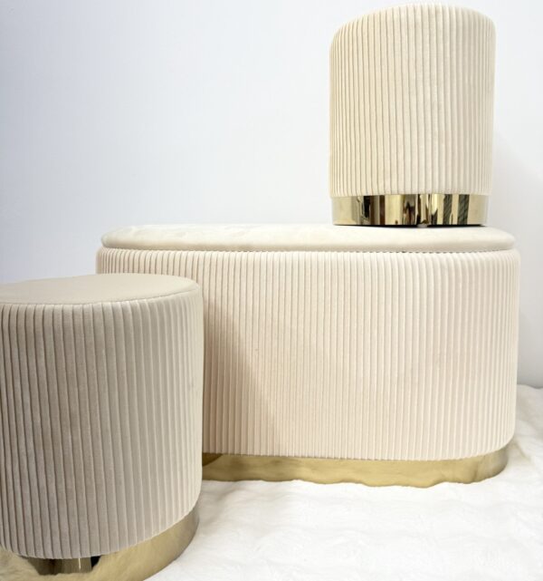 Set 3pz ROMA Panca contenitore + 2 pouf sgabelli in velluto beige - immagine 7