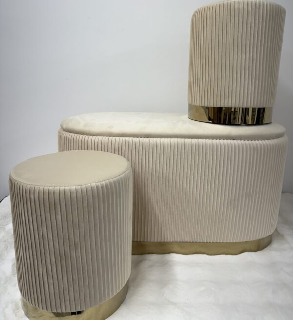 Set 3pz ROMA Panca contenitore + 2 pouf sgabelli in velluto beige - immagine 6