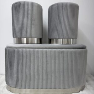 Set 3pz ROMA Panca contenitore + 2 pouf sgabelli in velluto Grigio con argento