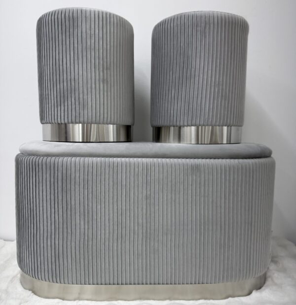 Set 3pz ROMA Panca contenitore + 2 pouf sgabelli in velluto Grigio - immagine 10