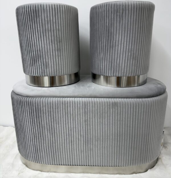 Set 3pz ROMA Panca contenitore + 2 pouf sgabelli in velluto Grigio - immagine 11