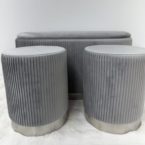 Set 3pz ROMA Panca contenitore + 2 pouf sgabelli in velluto Grigio - immagine 5