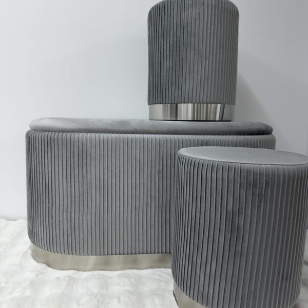 Set 3pz ROMA Panca contenitore + 2 pouf sgabelli in velluto Grigio - immagine 2